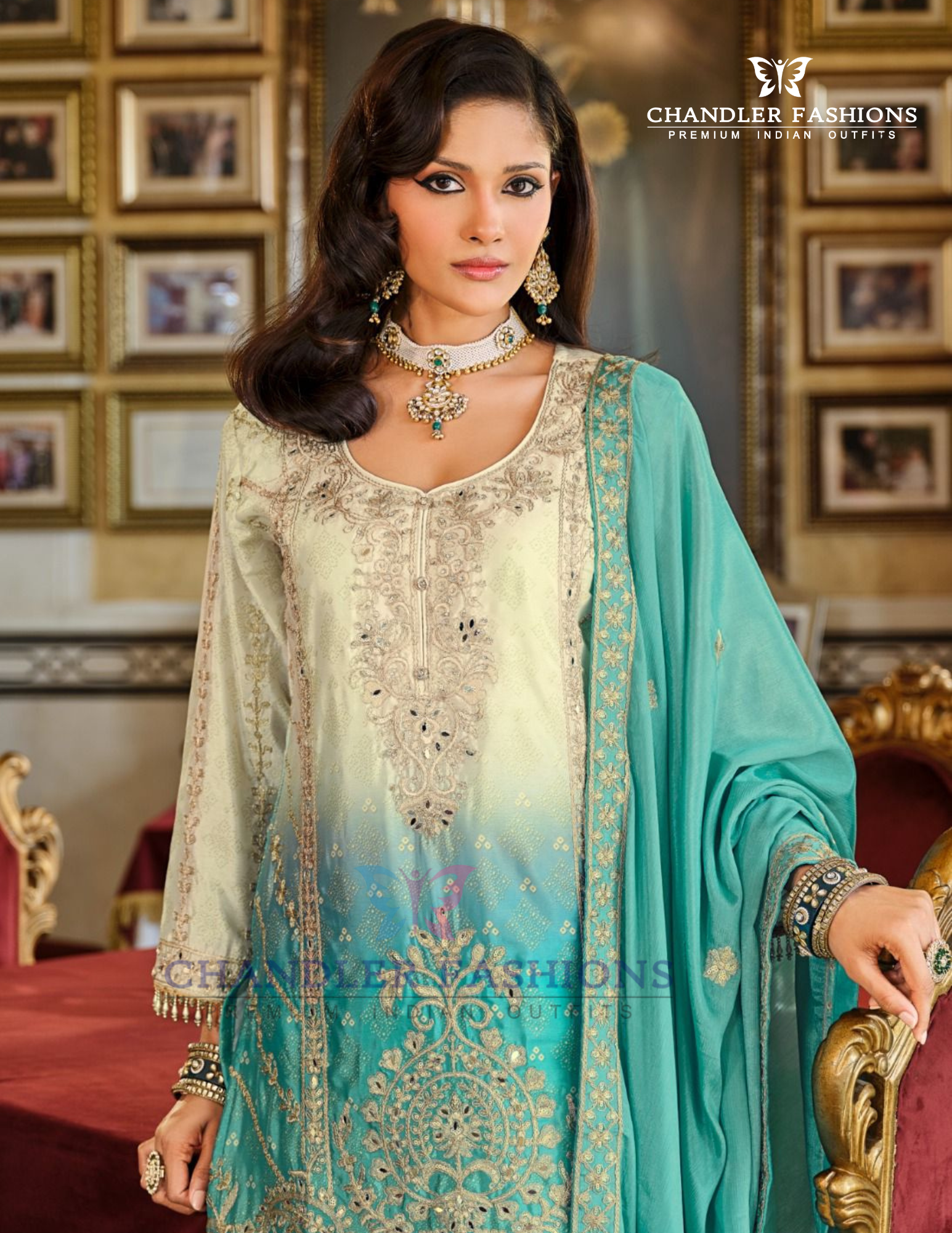 Sea Green Color Chinon With Digital Print And Embroidery Work Palazzo Suits In USA