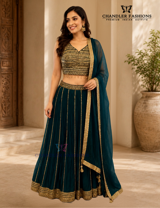 Alluring Teal Blue Color Heavy Georgette Lehenga Choli With Embroidery And Sequins Work