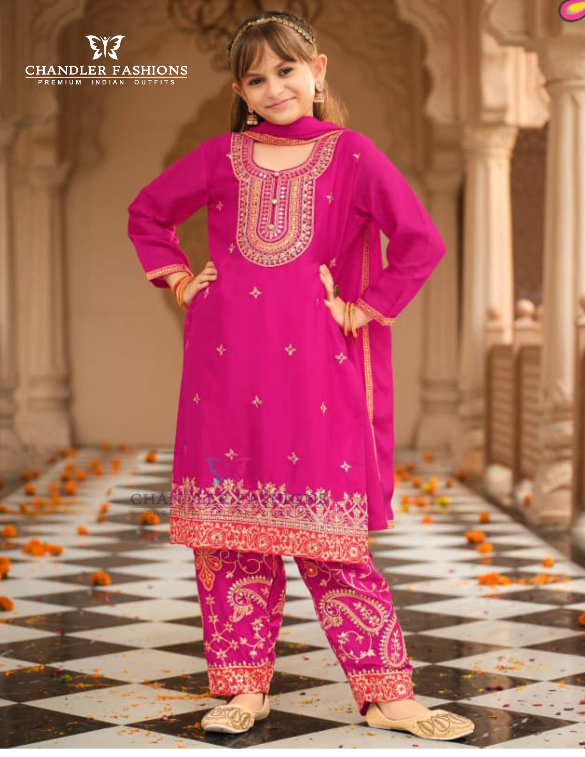 Attractive Pink Color Chinon With Embroidery Work Kurtis Suits For Girls