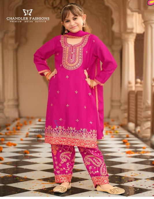Attractive Pink Color Chinon With Embroidery Work Kurtis Suits For Girls