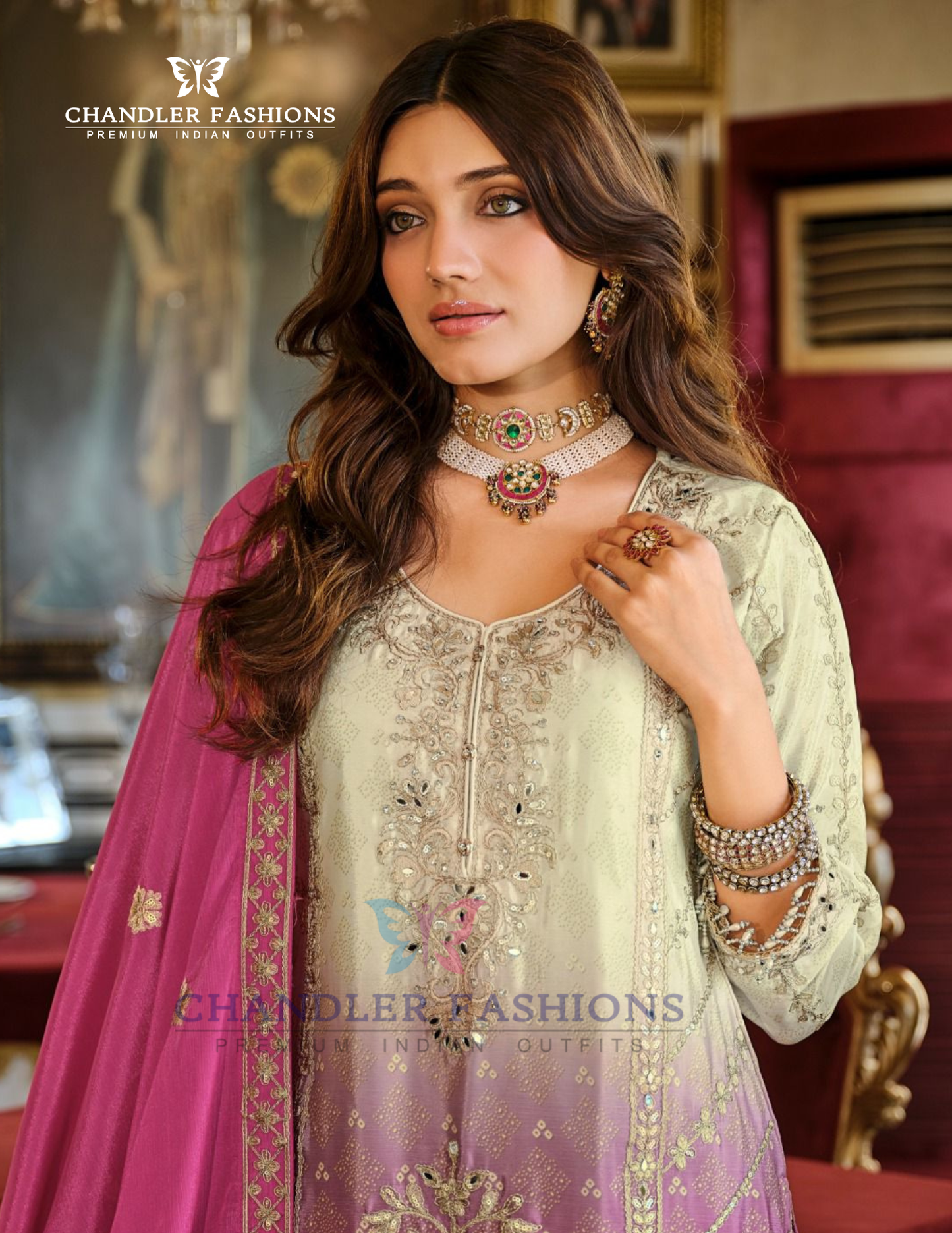 Pink Color Chinon With Digital Print And Embroidery Work Palazzo Suits In USA