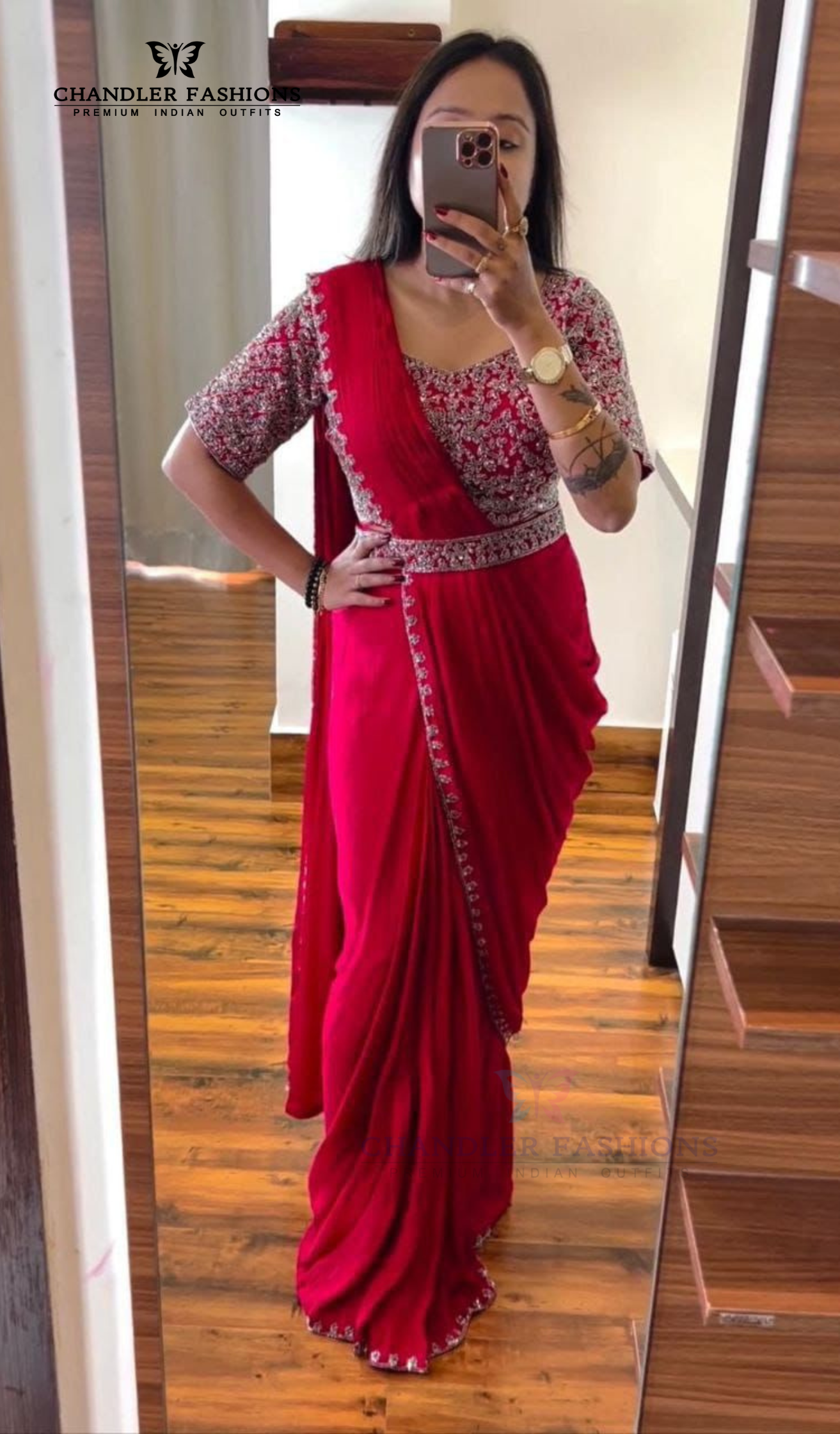 Charming Red Color Embroidery Work Belt With Chinon Ready To Wear Saree