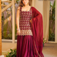 Alluring Maroon Color Georgette Palazzo Suit With Embroidery Work And Fancy Lace Work