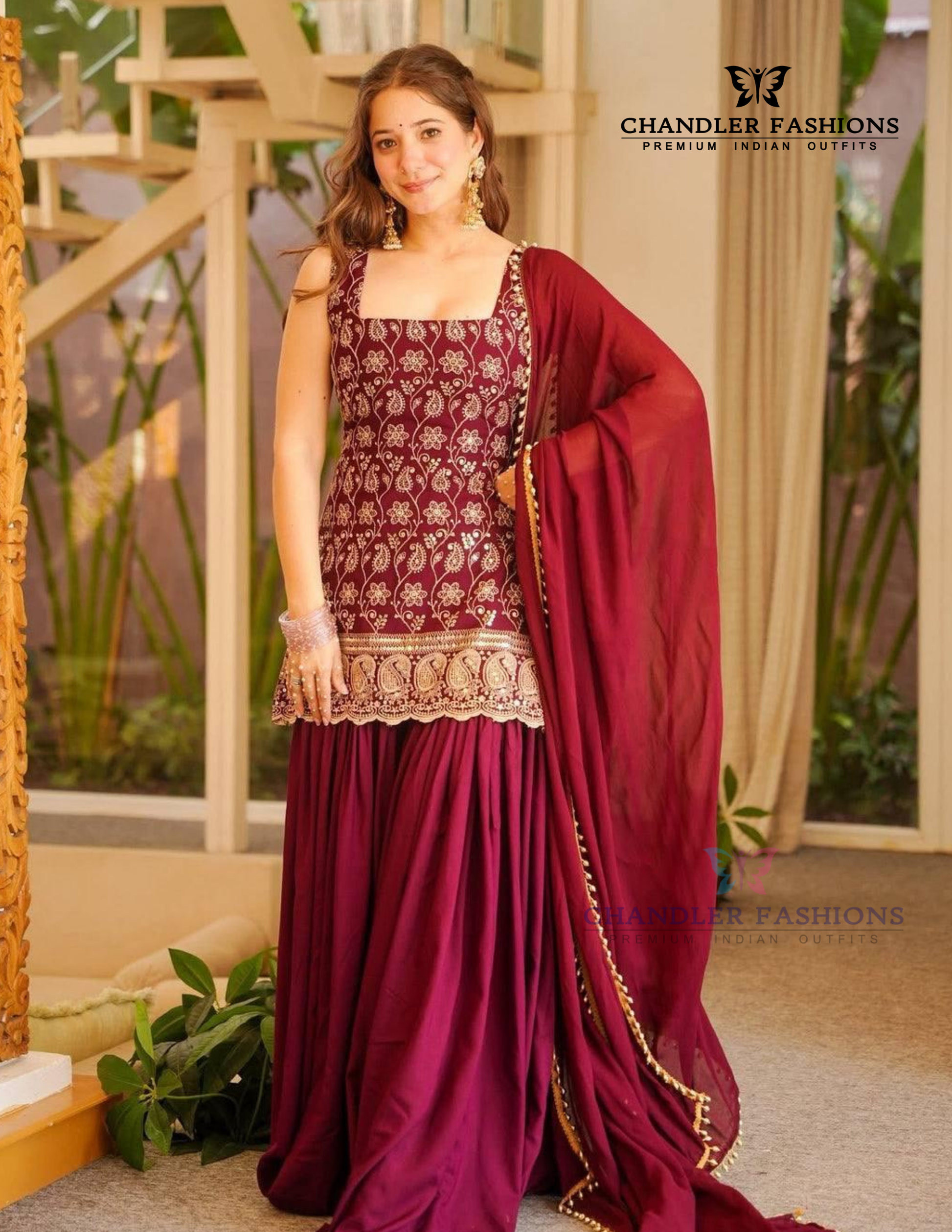 Alluring Maroon Color Georgette Palazzo Suit With Embroidery Work And Fancy Lace Work