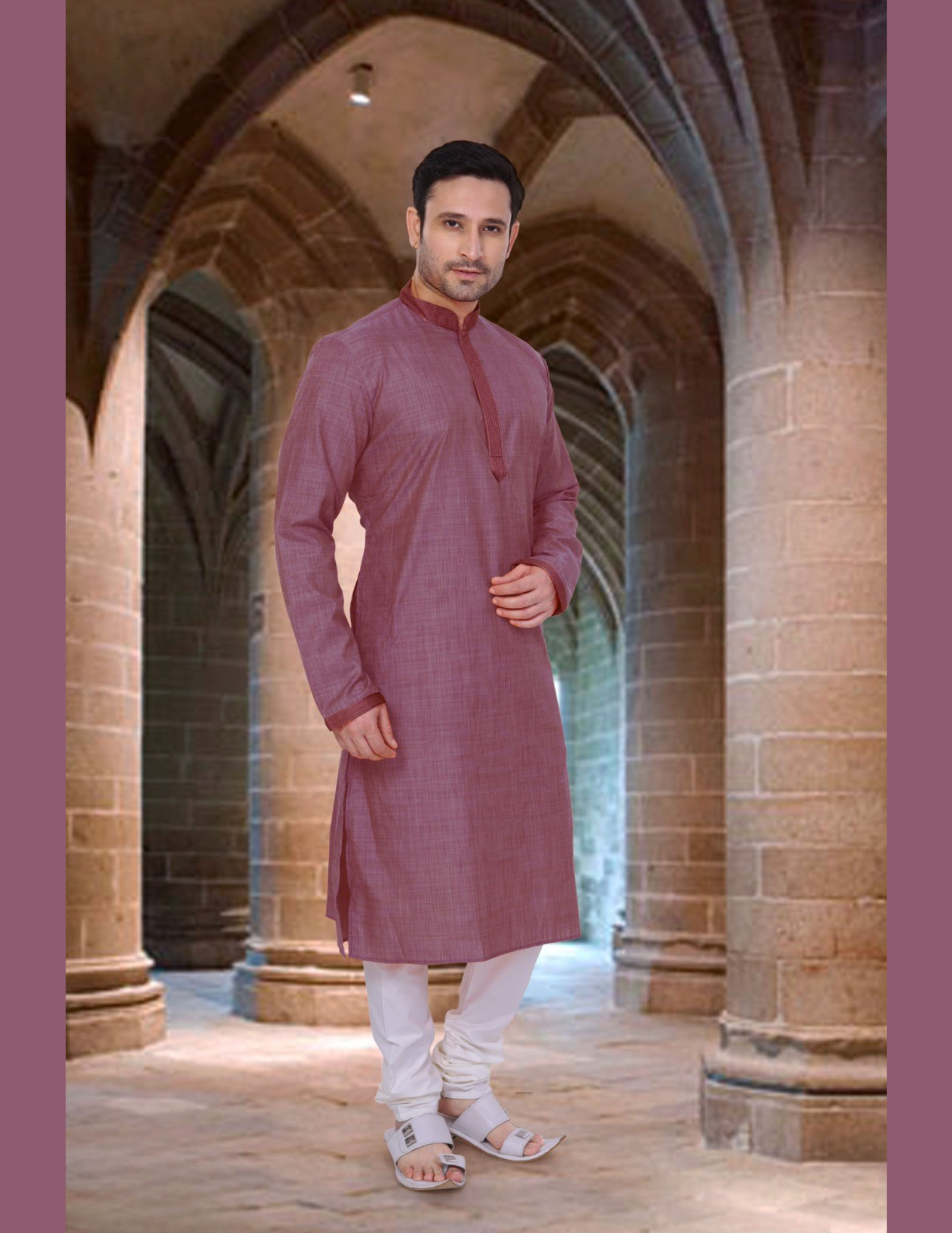 Delightful Wine Color Poly Cotton Lace Embroidery Work Kurta Pajama Set For Men