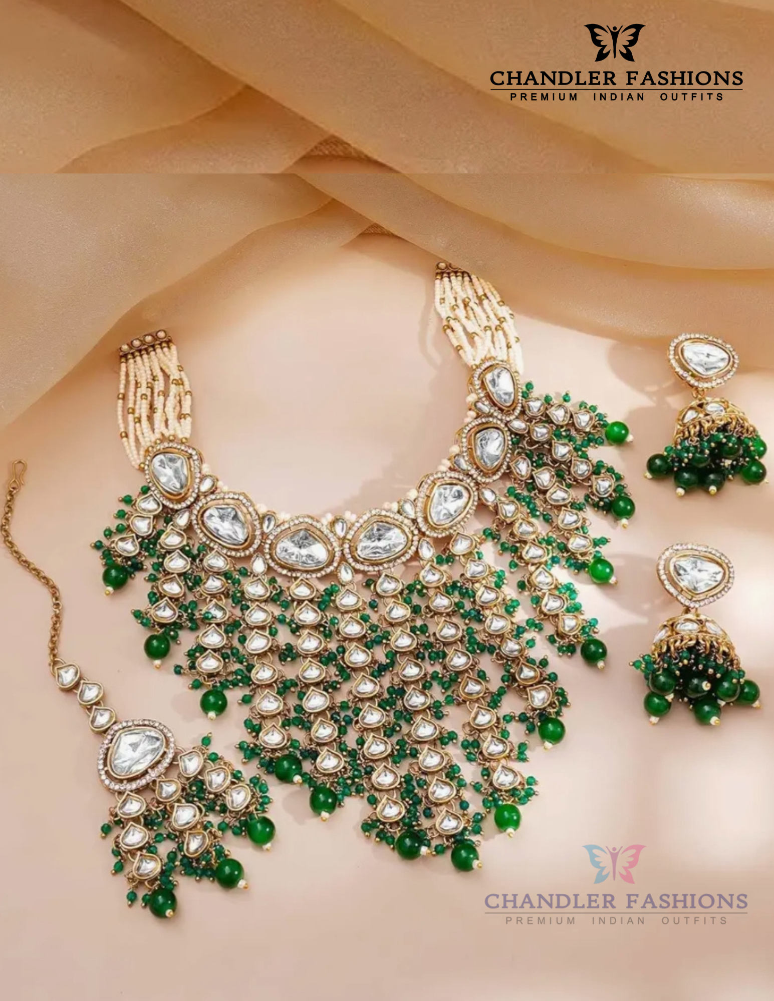 White Stones With Green Pearl And Unique Design Choker Set Near Me