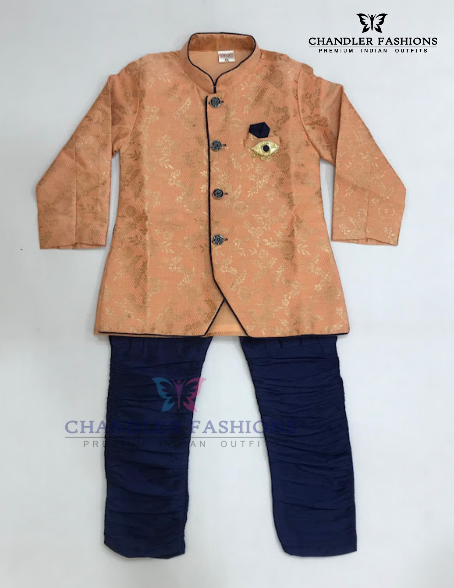 Alluring Light Orange Color Silk Cotton Sherwani Suit With Brooch Pin For Boys