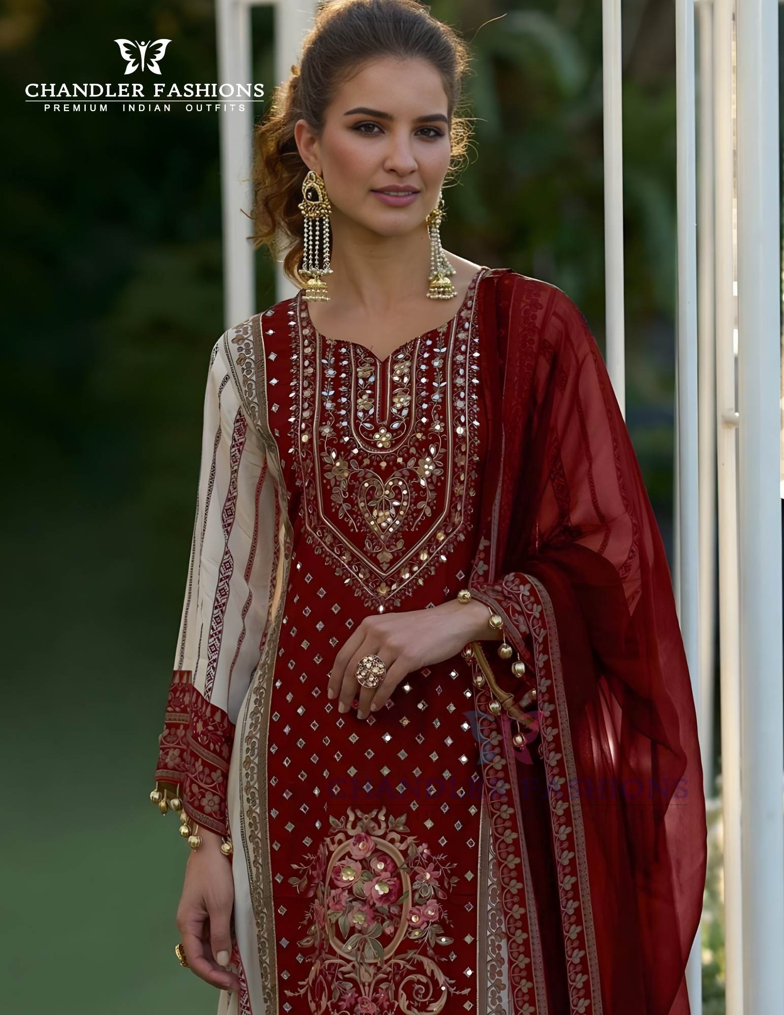 Red Color Sheer With Printed And Fancy Embroidery Mirror Work Palazzo Suits Near Me