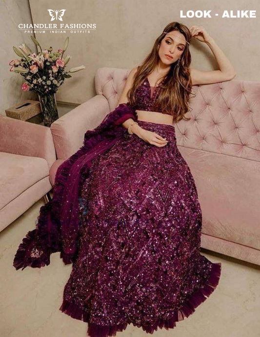 Attractive Wine Color Thread And Sequins Work Lehenga For Women