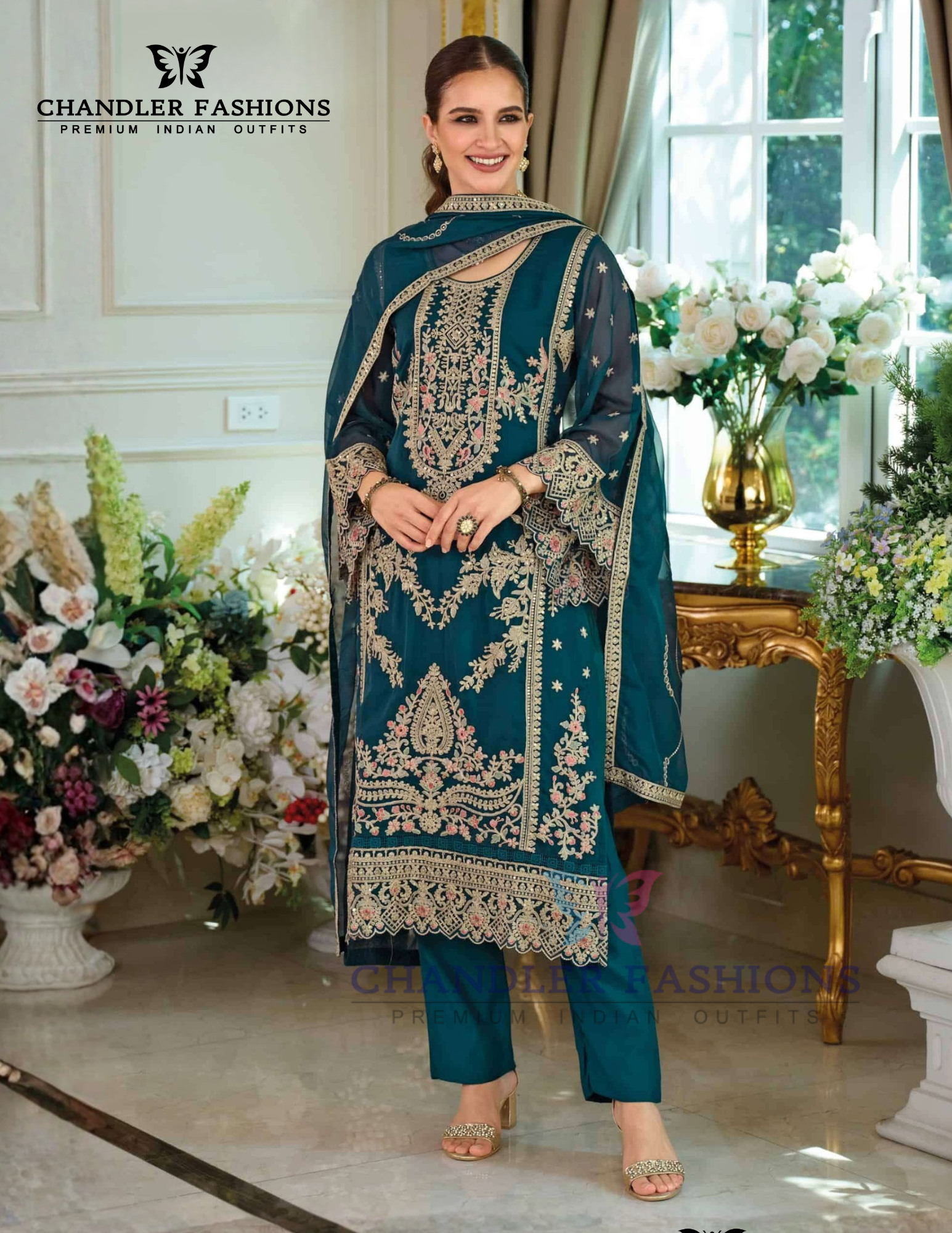Charming Teal Blue Color Soft Organza With Embroidery Work Salwar Suits For Women