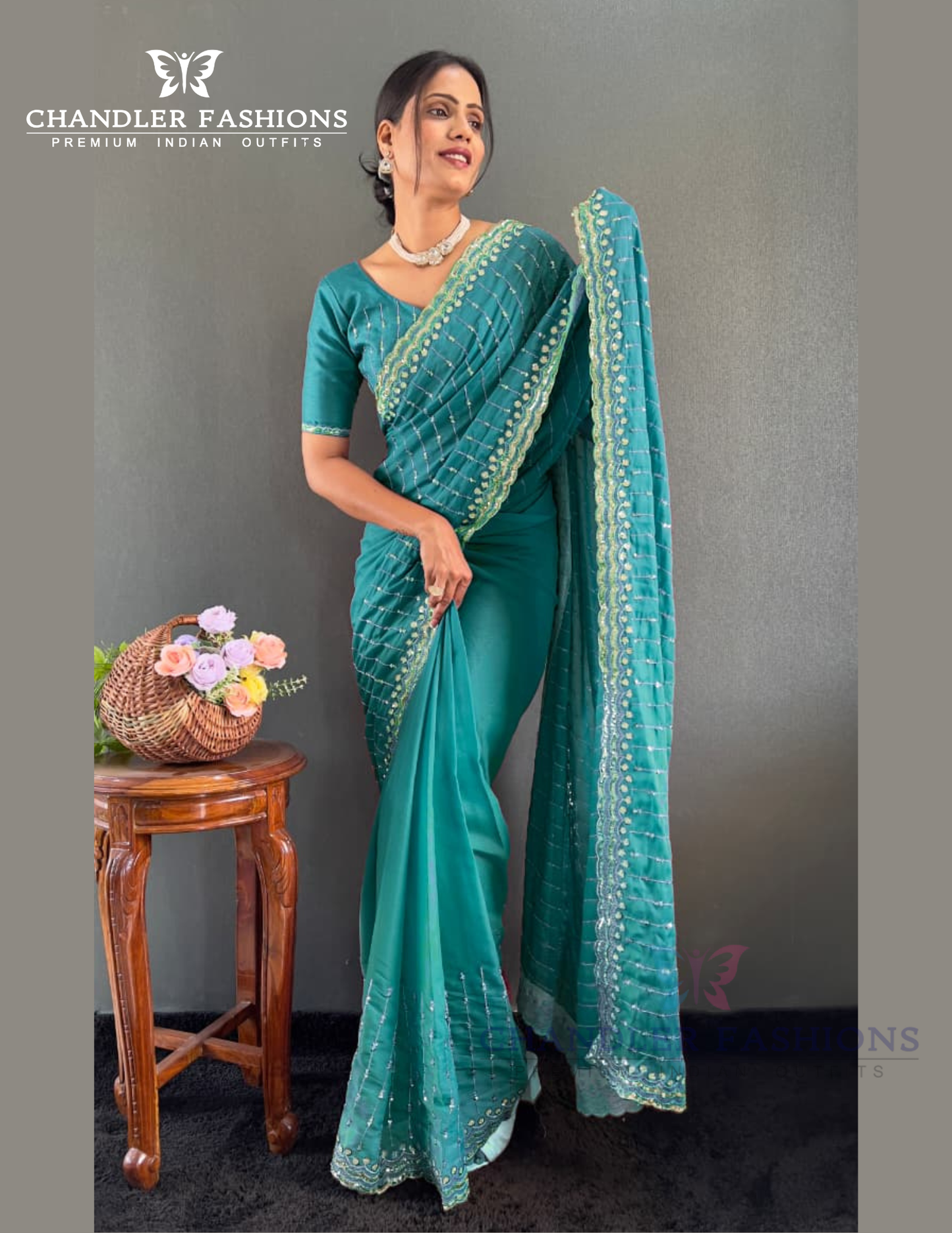 Attractive Teal Blue Color Georgette Silk Ready To Wear Saree In USA