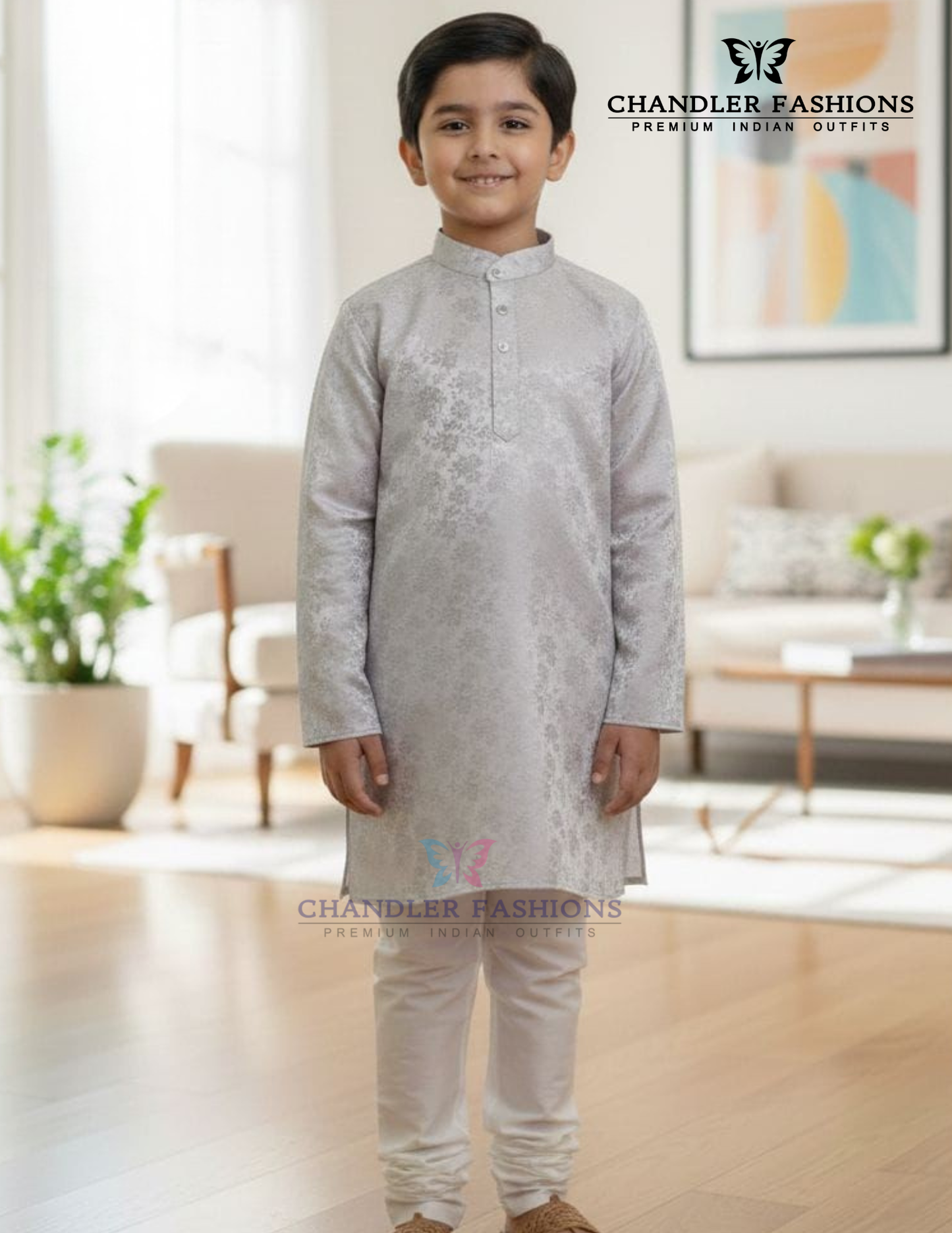 Alluring Light Gray Color Jacquard Silk With Pajama Kurta For Boys