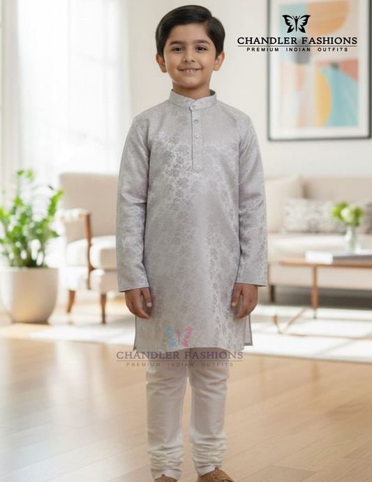 Alluring Light Gray Color Jacquard Silk With Pajama Kurta For Boys