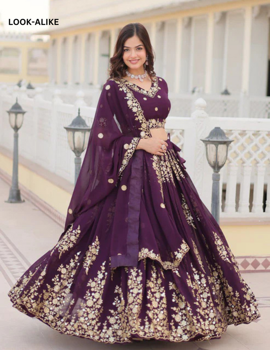 Wonderful Wine Color Faux Georgette With Heavy Embroidery Sequins Work Lehenga Choli