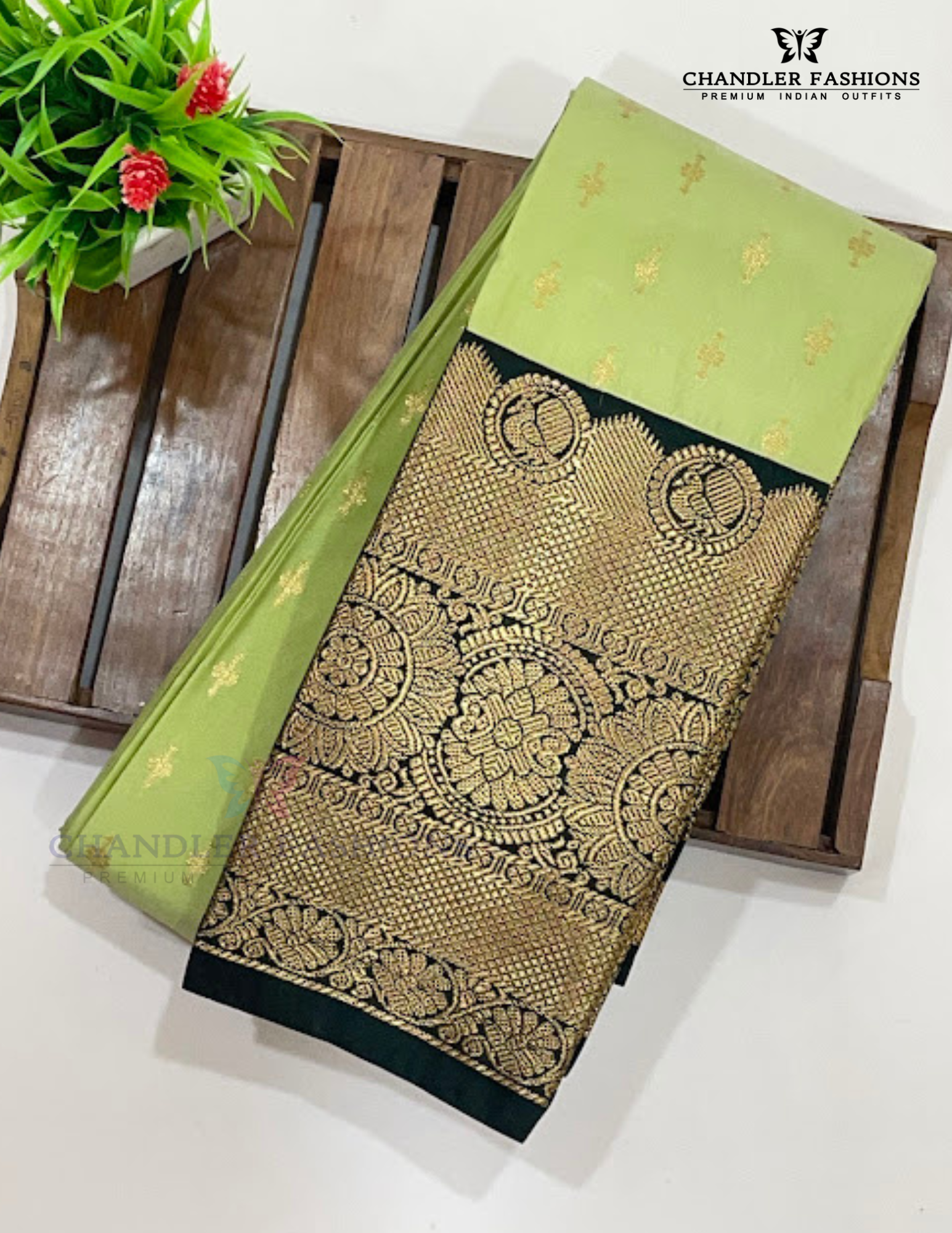 Pista Green Color Pure Kanchi Silk With Gold Zari Work Saree In USA