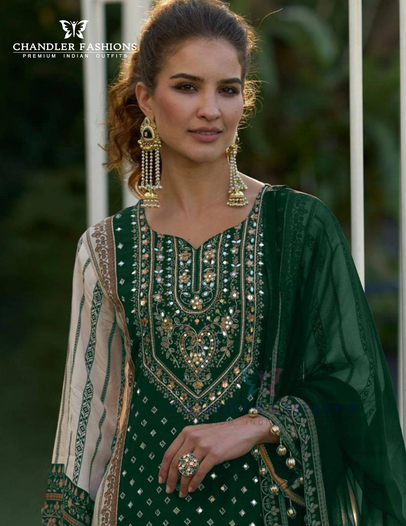 Green Color Sheer With Printed And Fancy Embroidery Mirror Work Palazzo Suits Near Me