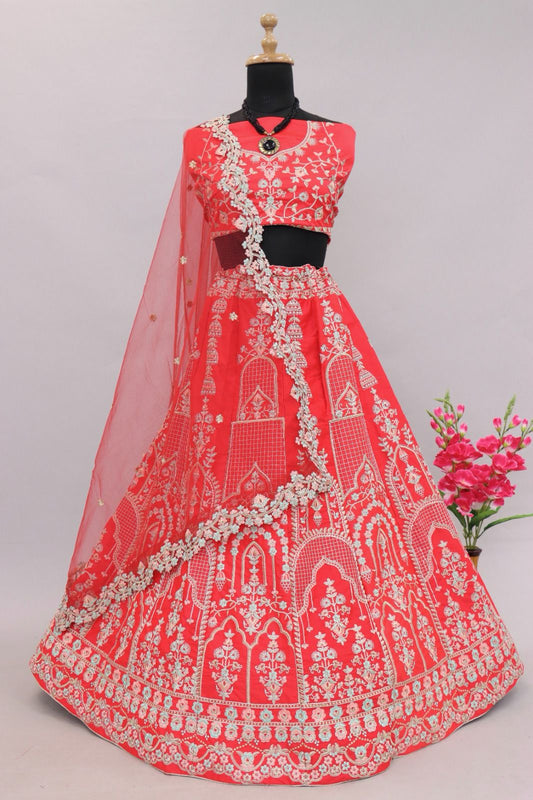 Gorgeous Red Color Satin Bridal Lehenga With Heavy Embroidery Work