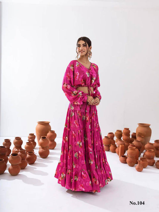 Attractive Pink Color Floral Printed Tier Lehenga With Crop Top