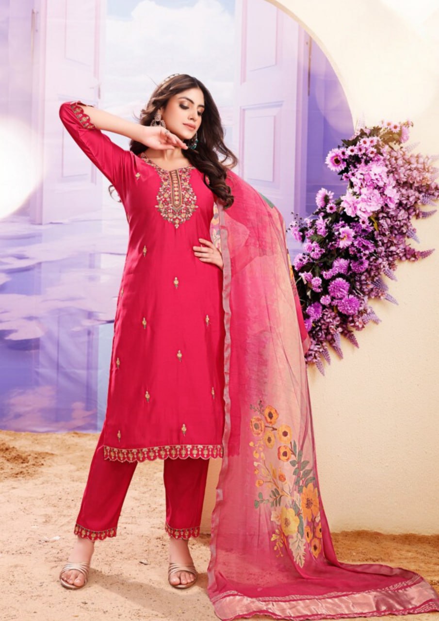 Stunning Rani pink Color Roman With Heavy Embroidery Work Kurti Suit For Women