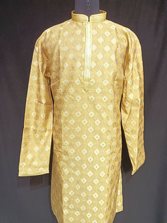 Attractive Yellow Colored Thread Work Kurta With Linning And Pajama Pant For Men