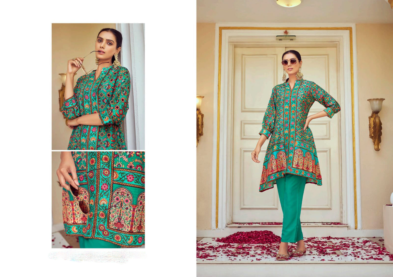 Alluring Teal Green Colored Floral Design Tusser Silk Kurti With Pant For Women Near Me