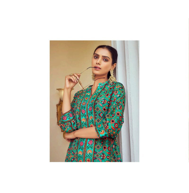 Alluring Teal Green Colored Floral Design Tusser Silk Kurti With Pant For Women In Tempe