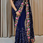 Gorgeous Dark Blue Colored Thread Embroidery Work Georgette Saree For Women