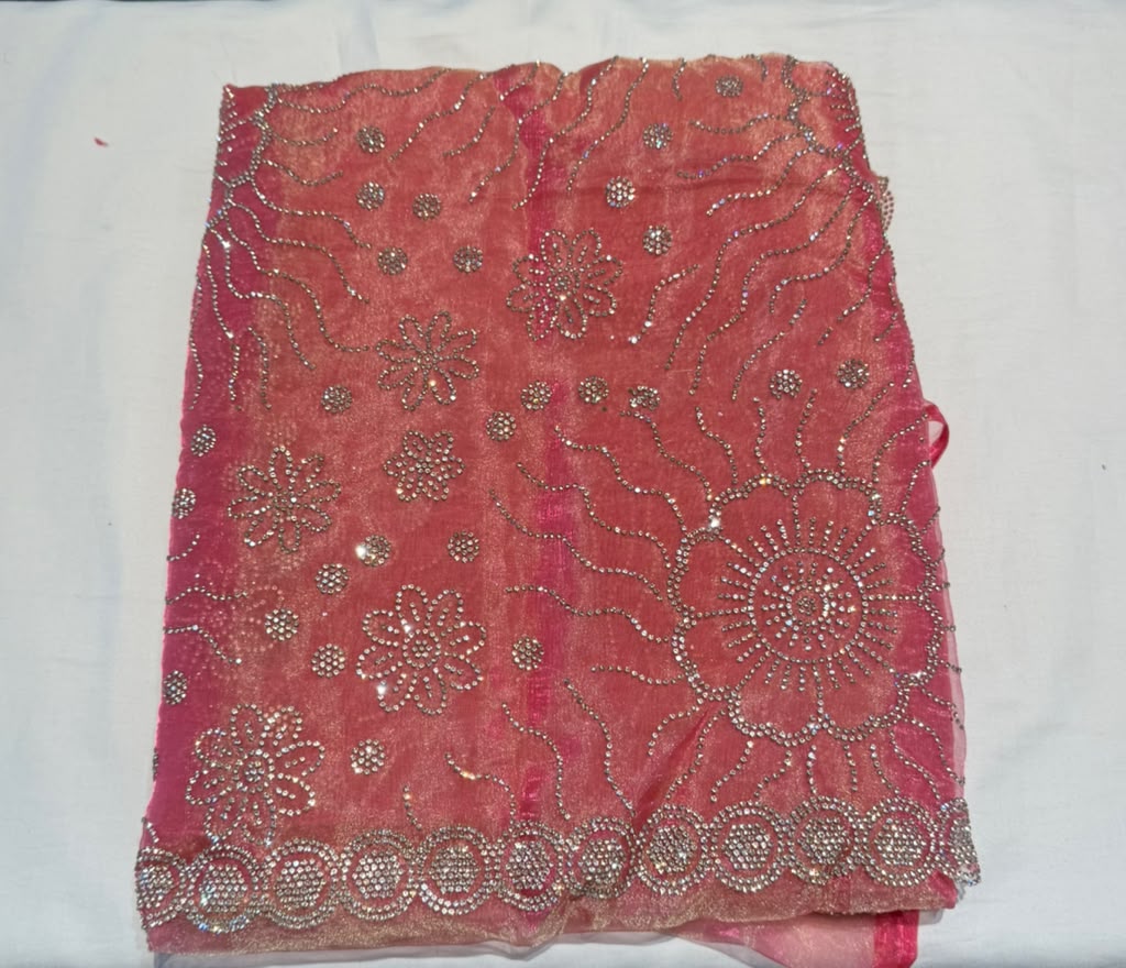 Marvellous Peach And Gold Shimmer Organza Fancy Saree With Stone Work For Women