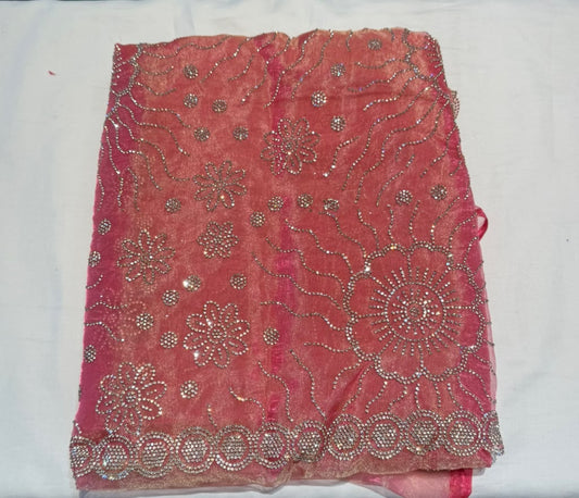 Marvellous Peach And Gold Shimmer Organza Fancy Saree With Stone Work For Women