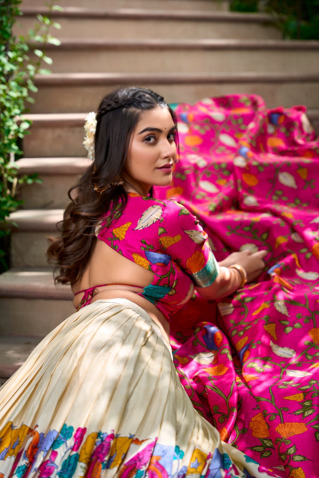 Beautiful Pink Colored Kalamkari Print With Zari Weaving Border Lehenga Choli With Dupatta