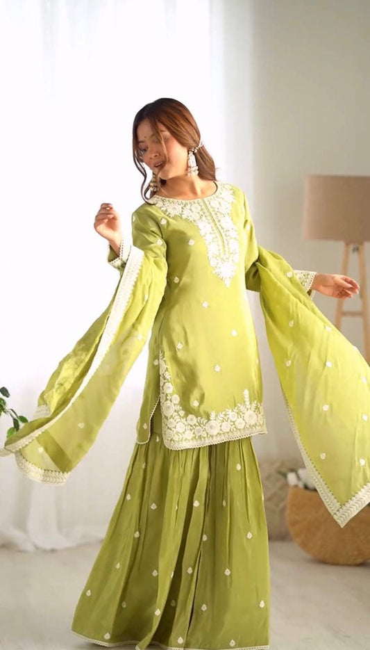 Stunning Olive Green Colored Chinon With Embroidery Sequins Work Sharara Suits With Dupatta