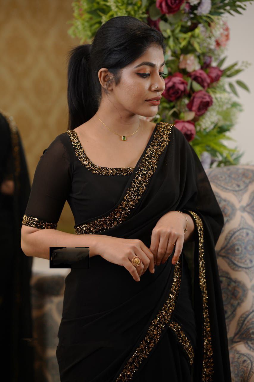 Black Color Ready To Wear Georgette Embroidery Gown Saree In USA