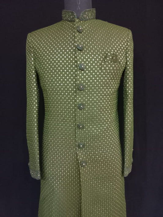 Attractive Green Color Embroidery Work Sherwani Suit For Men