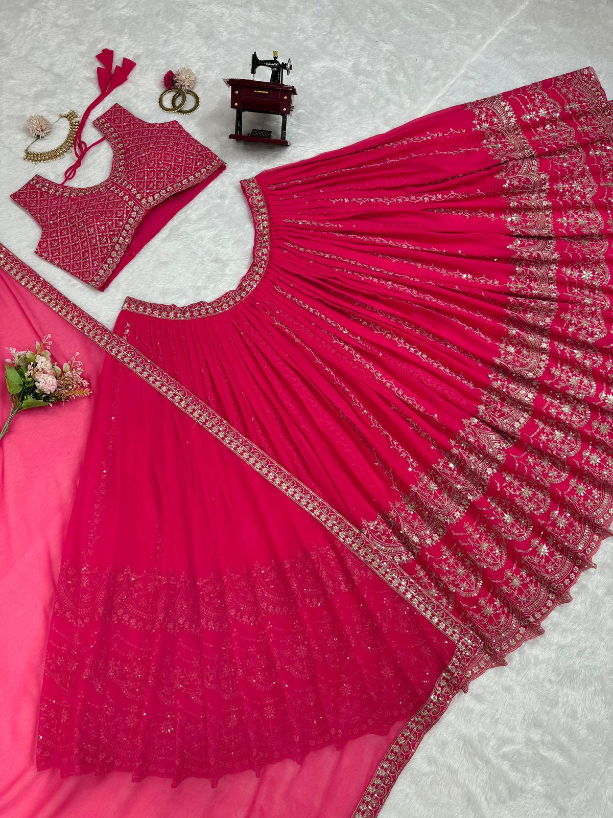 Beautiful Orange Color Sequins With Thread Work Lehengas With Dupatta Set