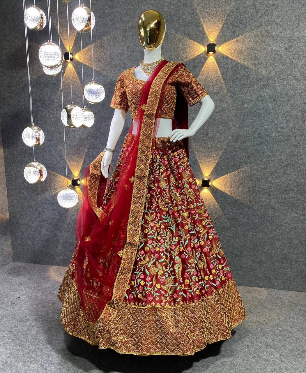  Alluring Maroon Color Embroidered Satin Silk Sequins Work Lehenga Choli For Women