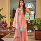 Attractive Peach Color Faux Georgette With Fancy Embroidery Work Palazzo Suits With Dupatta