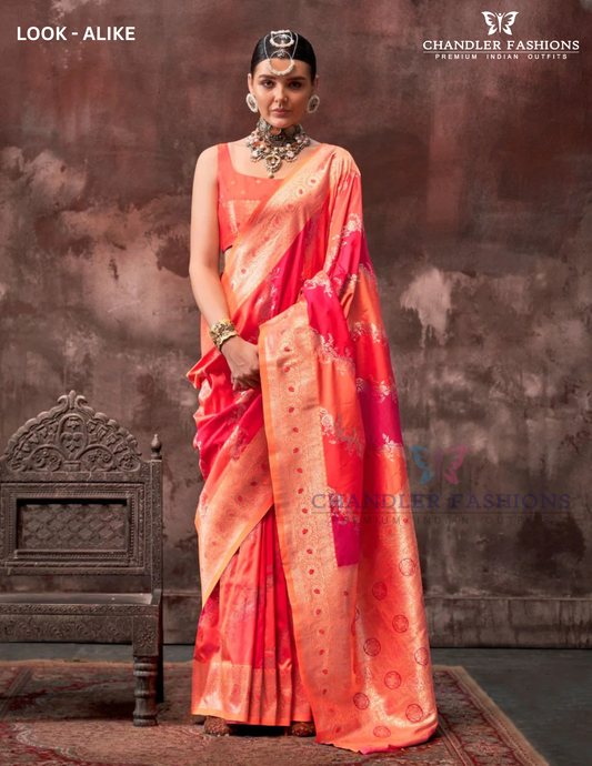 Elegant Orange And Red Colored Rangkat Handloom Silk Saree For Women