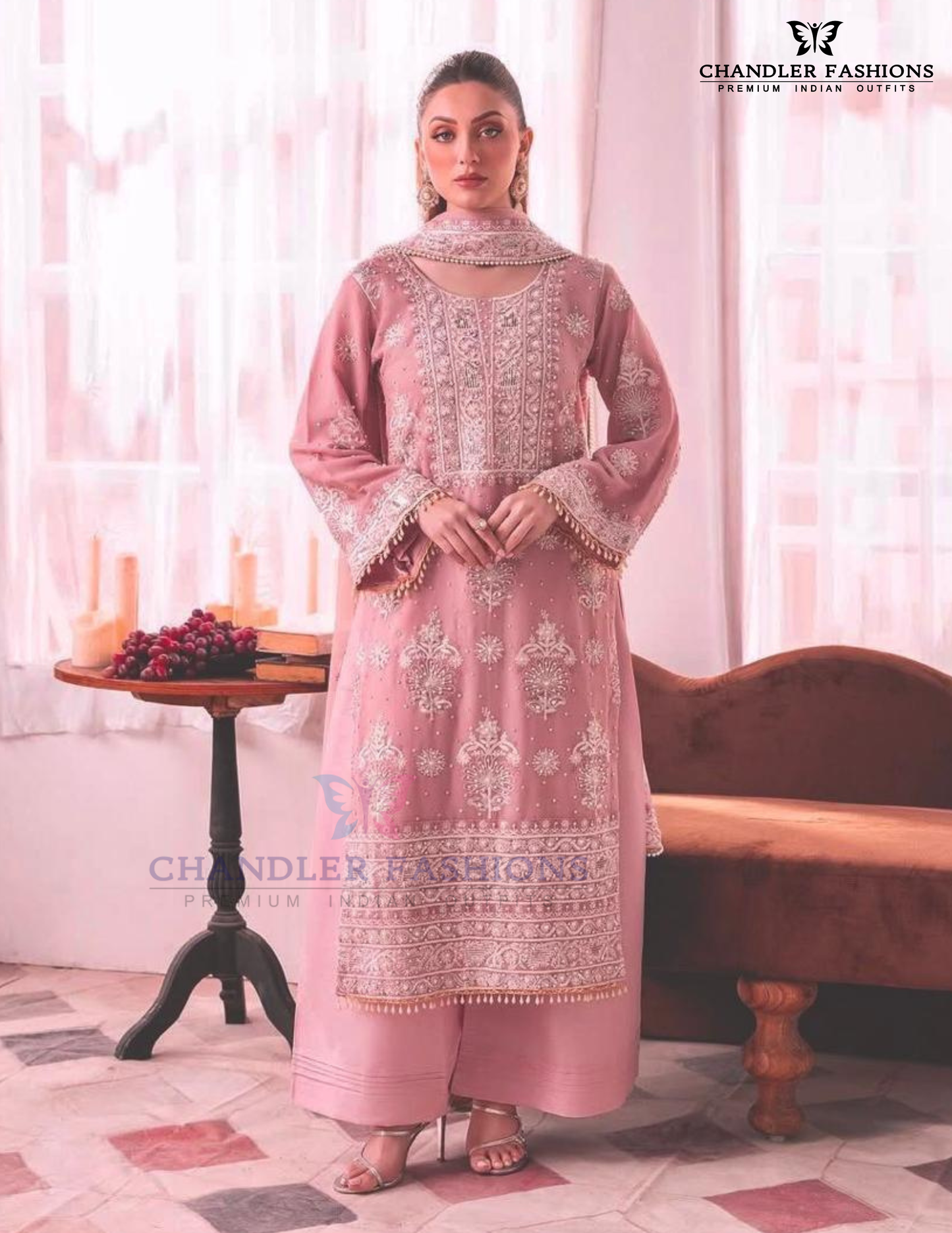 Splendid Pink Color With Embroidery And Sequins Work Georgette Palazzo Suits For Women