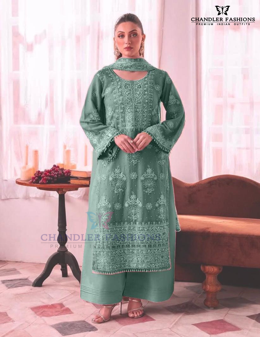 Amazing Green Color Georgette With Embroidery And Sequins Work Palazzo Suits For Women