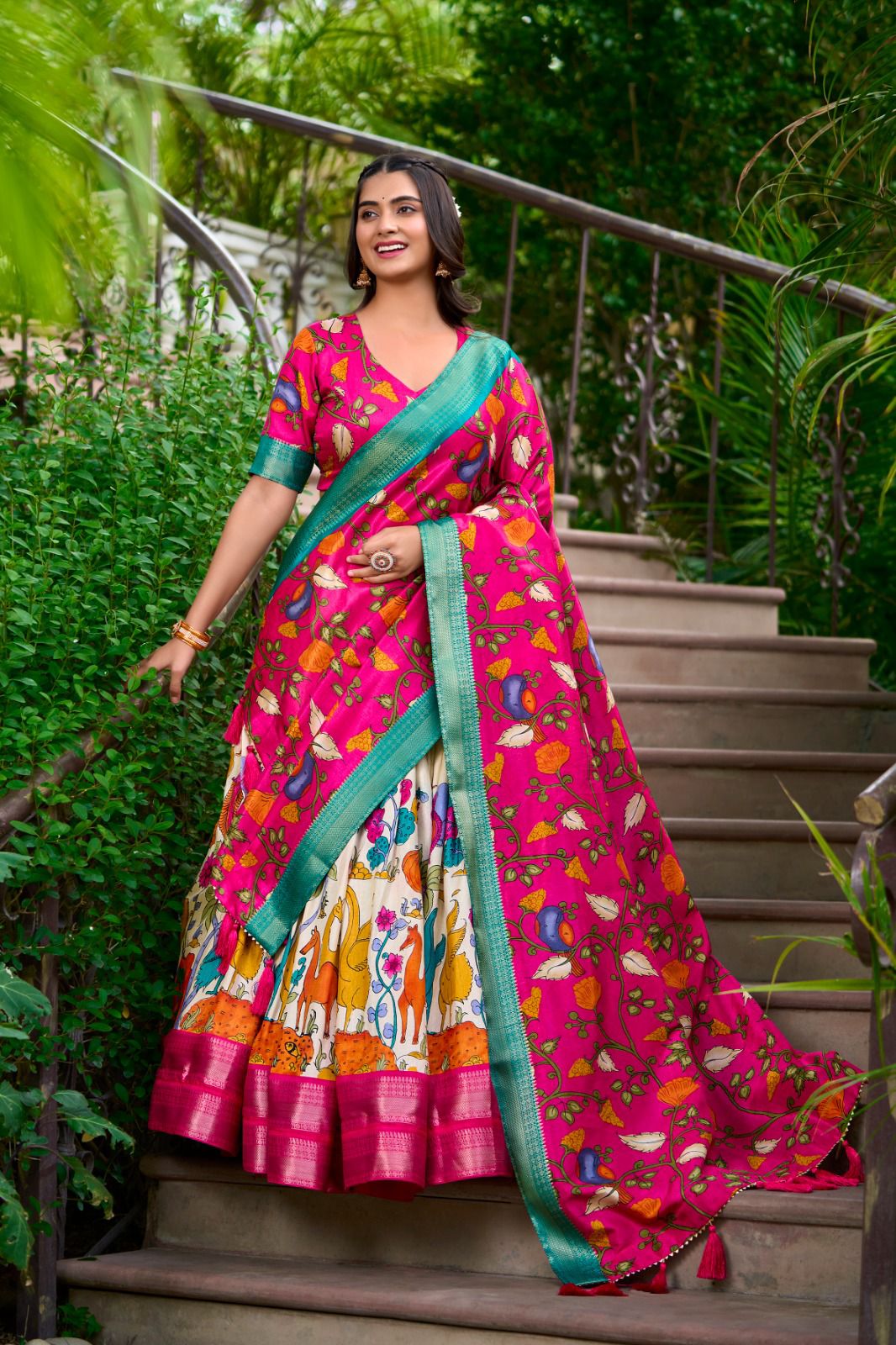 Beautiful Pink Colored Kalamkari Print With Zari Weaving Border Lehenga Choli With Dupatta