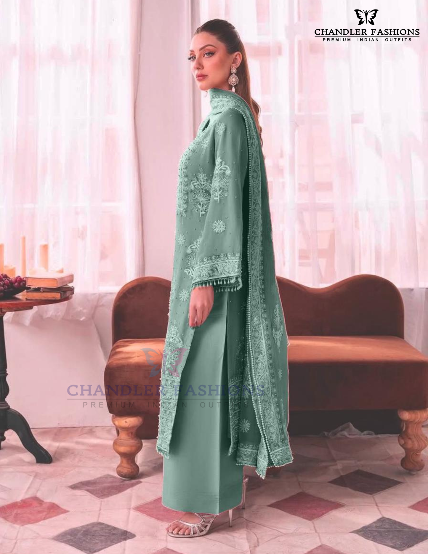 Green Color Georgette With Embroidery And Sequins Work Palazzo Suits In USA