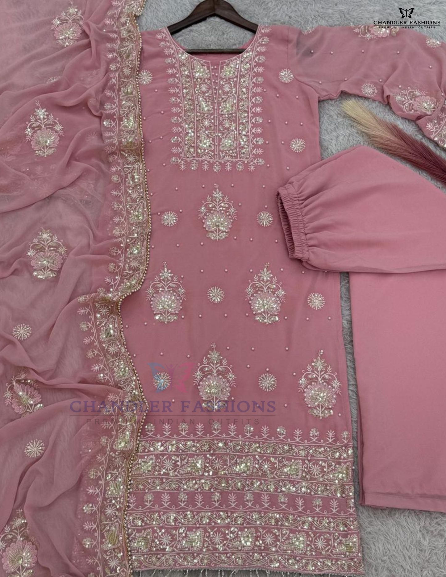 Pink Color With Embroidery And Sequins Work Palazzo Suits In Suncity