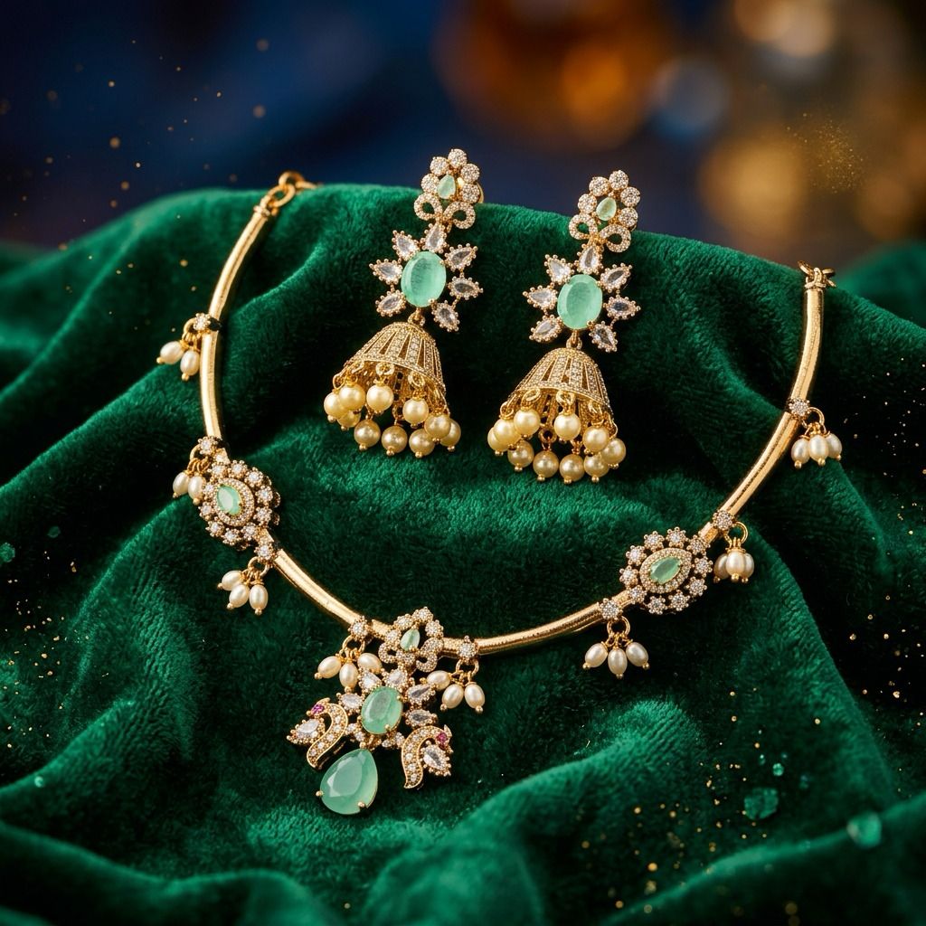 Alluring Gold and Green Color Beautiful Gold Plated necklace set