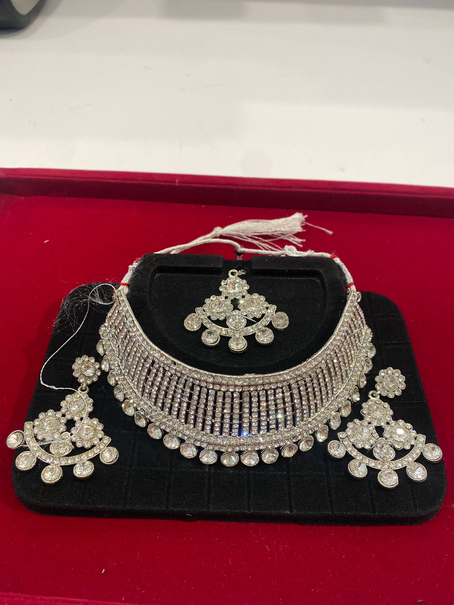 Beautiful White Color Stones American Diamonds Choker With Maang Tikka And Earrings For Women