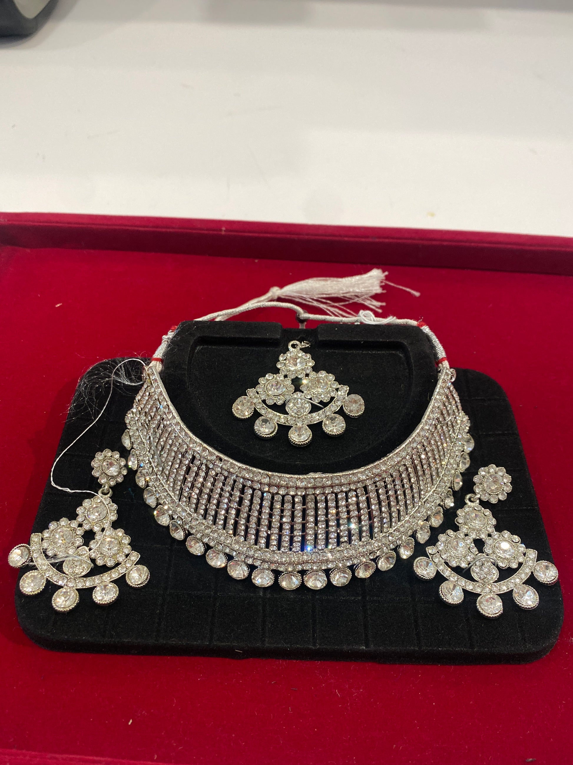 Beautiful White Color Stones American Diamonds Choker With Maang Tikka And Earrings For Women