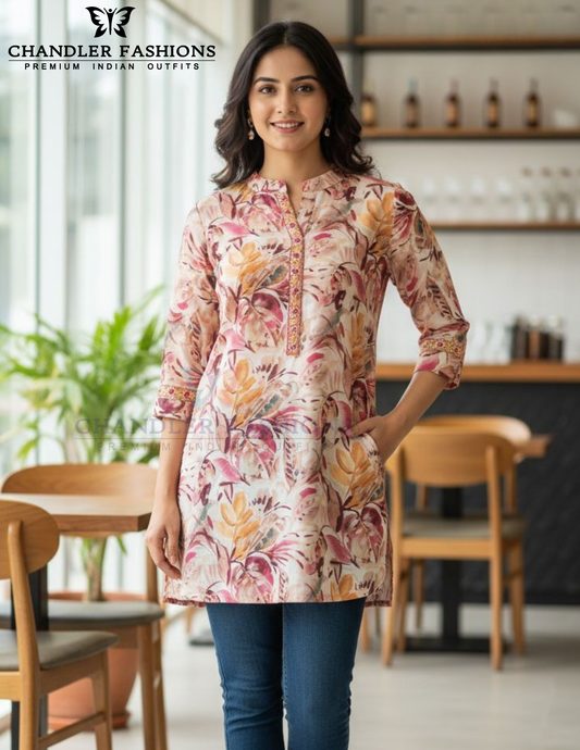 Charming Multicolor Color Rayon With Self Design Work Short Kurti For Women