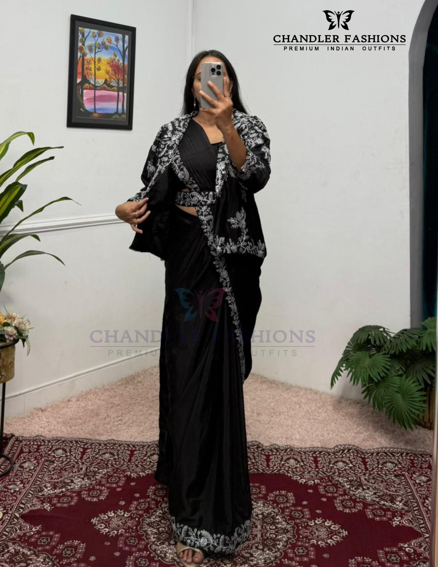 Elegant Black Color Heavy Embroidery Work Ready To Wear Saree For Women