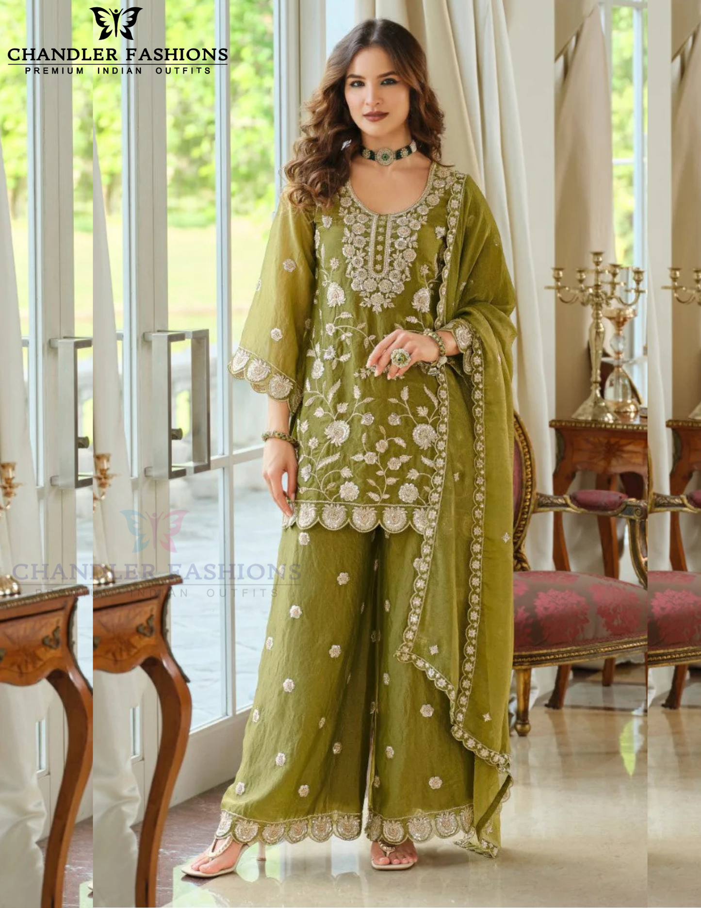 Gorgeous Green Color Moss Silk With Embroidery Work Palazzo Suits For Women