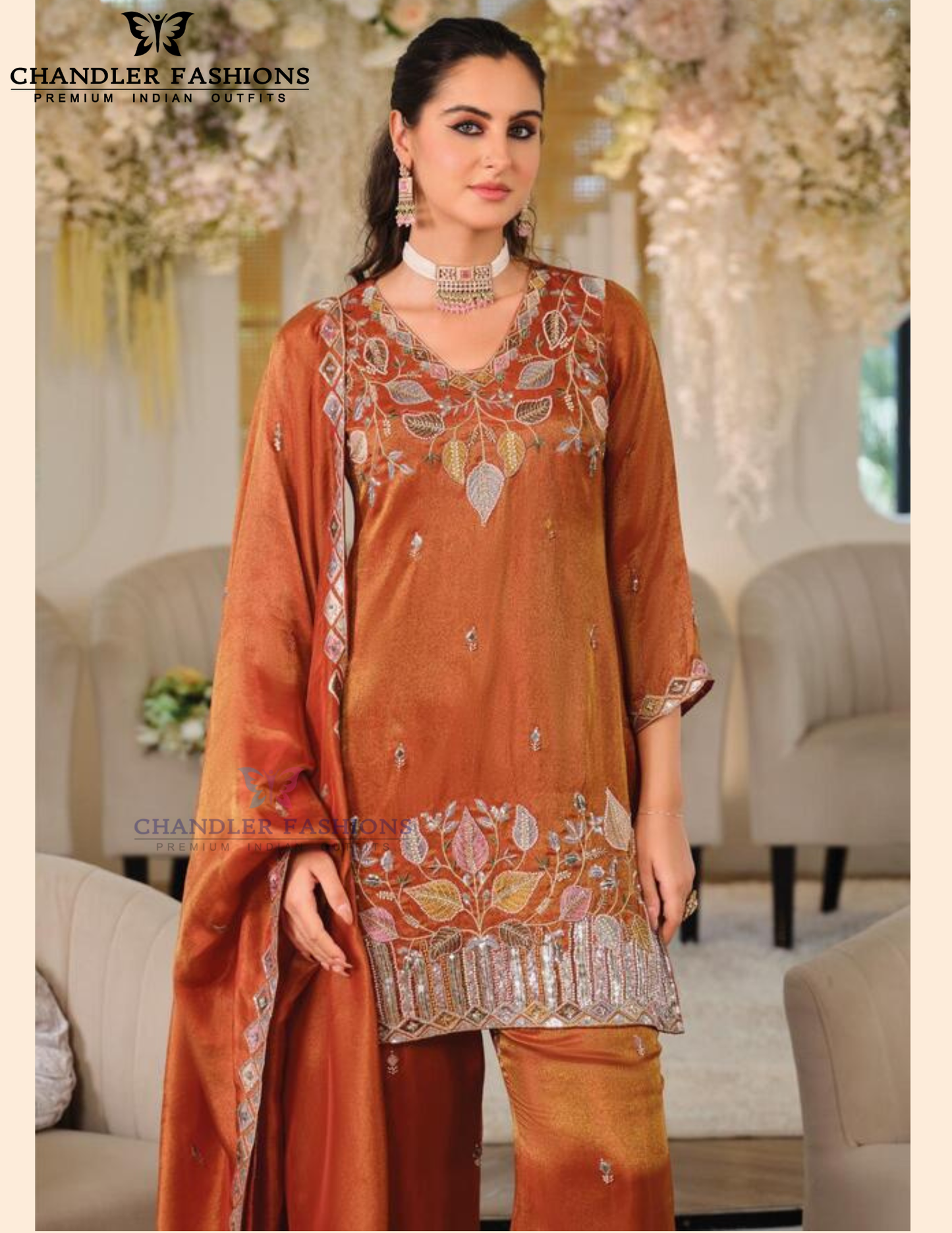 Orange Color Shimmer With Embroidery Work Palazzo Suits In USA