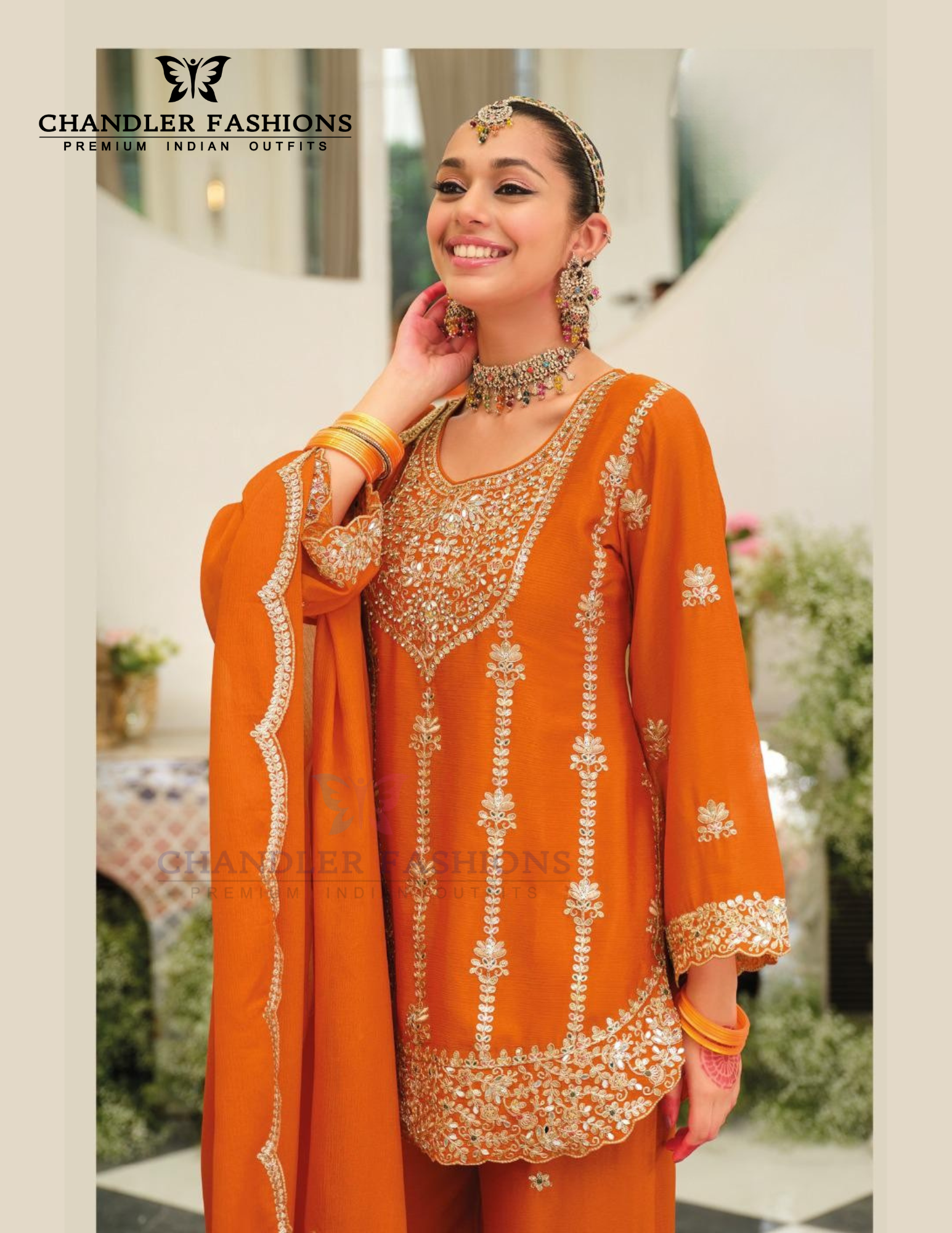 Orange Color Chinon With Embroidery Work Palazzo Suits And Dupatta In USA